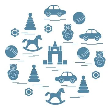 Vector illustration kids elements arranged in a circle: car, pyramid, roly-po Stock Illustration