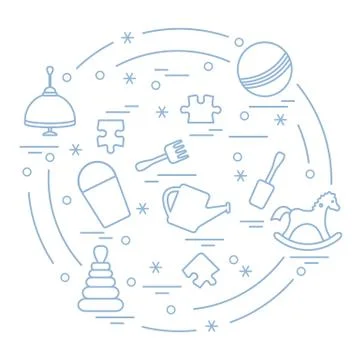 Vector illustration kids elements arranged in a circle: whirligig, ball, puzz Illustrazione stock