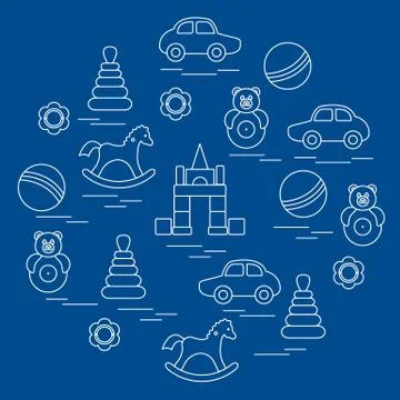 Vector illustration kids elements arranged in a circle: car, pyramid, roly-po Stock Illustration