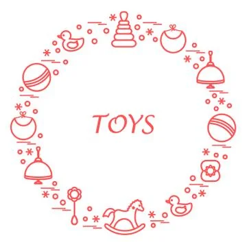Vector illustration kids elements arranged in a circle: whirligig, ball, rock Illustrazione stock