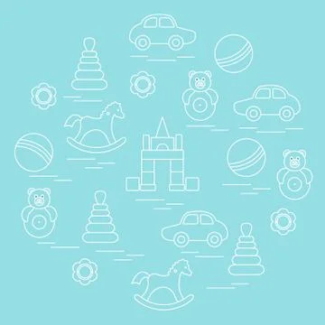 Vector illustration kids elements arranged in a circle: car, pyramid, roly-po Illustrazione stock