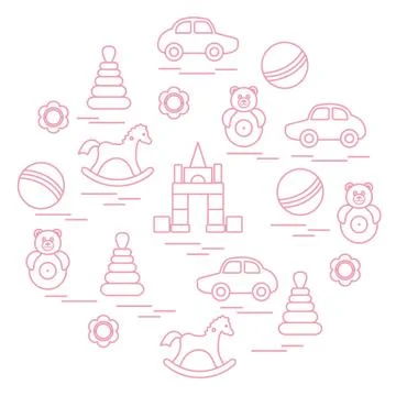 Vector illustration kids elements arranged in a circle: car, pyramid, roly-po Illustrazione stock