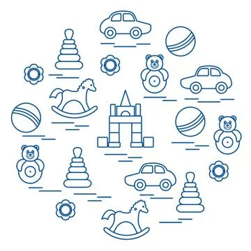 Vector illustration kids elements arranged in a circle: car, pyramid, roly-po 스톡 일러스트