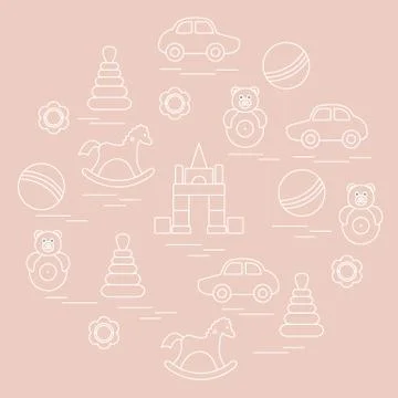 Vector illustration kids elements arranged in a circle: car, pyramid, roly-po 스톡 일러스트
