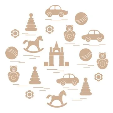 Vector illustration kids elements arranged in a circle: car, pyramid, roly-po Stock Illustration
