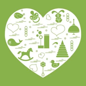 Vector illustration kids elements arranged in a heart: bird, whale, pacifier, Stock Illustration