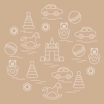 Vector illustration kids elements arranged in a circle: car, pyramid, roly-po Stock Illustration