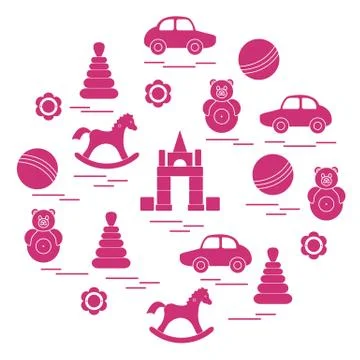 Vector illustration kids elements arranged in a circle: car, pyramid, roly-po 스톡 일러스트