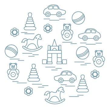 Vector illustration kids elements arranged in a circle: car, pyramid, roly-po Illustrazione stock