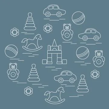 Vector illustration kids elements arranged in a circle: car, pyramid, roly-po 스톡 일러스트