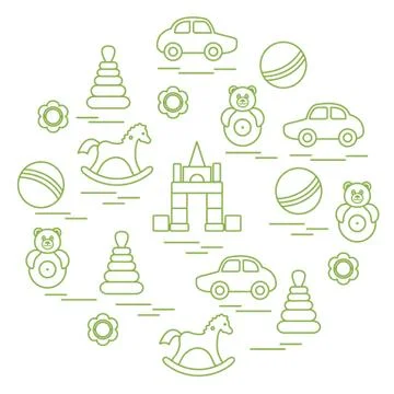 Vector illustration kids elements arranged in a circle: car, pyramid, roly-po Illustrazione stock