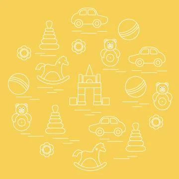 Vector illustration kids elements arranged in a circle: car, pyramid, roly-po Illustrazione stock