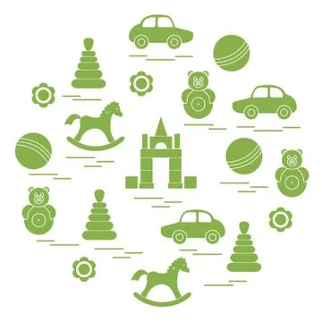 Vector illustration kids elements arranged in a circle: car, pyramid, roly-po Stock Illustration