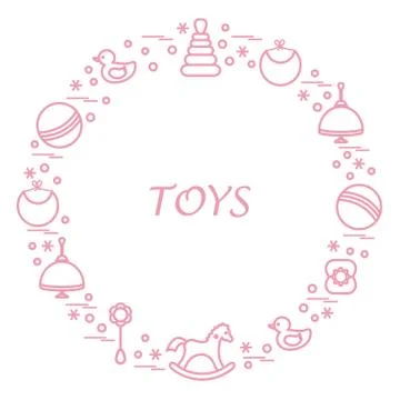 Vector illustration kids elements arranged in a circle: whirligig, ball, rock Illustrazione stock