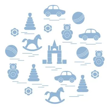 Vector illustration kids elements arranged in a circle: car, pyramid, roly-po 스톡 일러스트