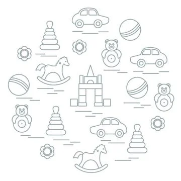 Vector illustration kids elements arranged in a circle: car, pyramid, roly-po Illustrazione stock