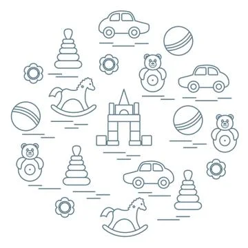 Vector illustration kids elements arranged in a circle: car, pyramid, roly-po 스톡 일러스트