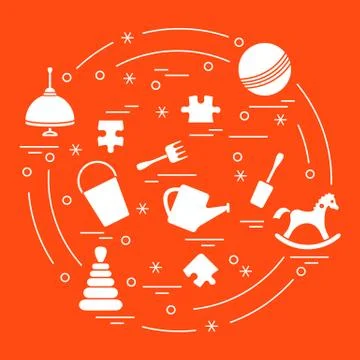 Vector illustration kids elements arranged in a circle: whirligig, ball, puzz Stock Illustration