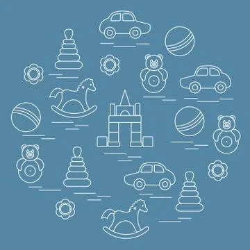 Vector illustration kids elements arranged in a circle: car, pyramid, roly-po Stock Illustration