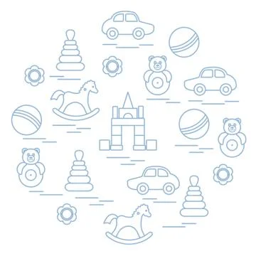 Vector illustration kids elements arranged in a circle: car, pyramid, roly-po Illustrazione stock