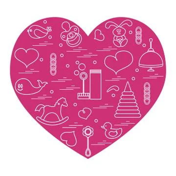 Vector illustration kids elements arranged in a heart: bird, whale, pacifier, Stock Illustration