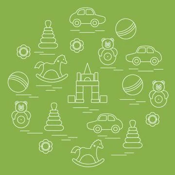 Vector illustration kids elements arranged in a circle: car, pyramid, roly-po Stock Illustration