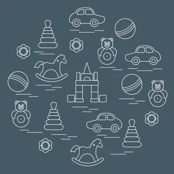 Vector illustration kids elements arranged in a circle: car, pyramid, roly-po Stock Illustration