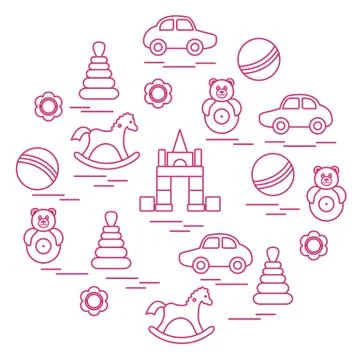 Vector illustration kids elements arranged in a circle: car, pyramid, roly-po Stock Illustration