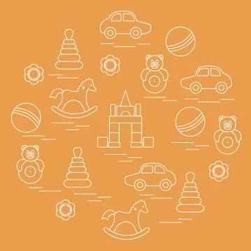Vector illustration kids elements arranged in a circle: car, pyramid, roly-po Illustrazione stock