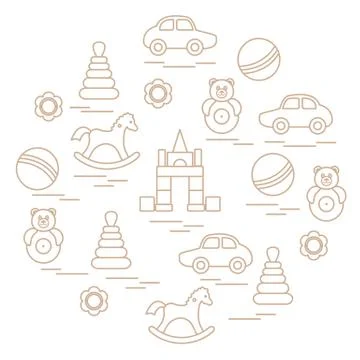 Vector illustration kids elements arranged in a circle: car, pyramid, roly-po Stock Illustration