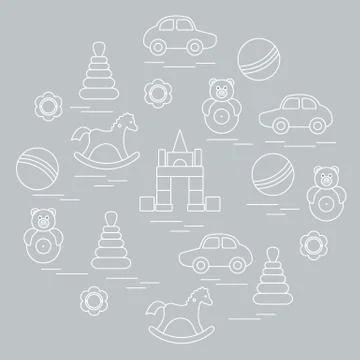 Vector illustration kids elements arranged in a circle: car, pyramid, roly-po 스톡 일러스트
