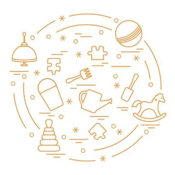Vector illustration kids elements arranged in a circle: whirligig, ball, puzz Stock Illustration