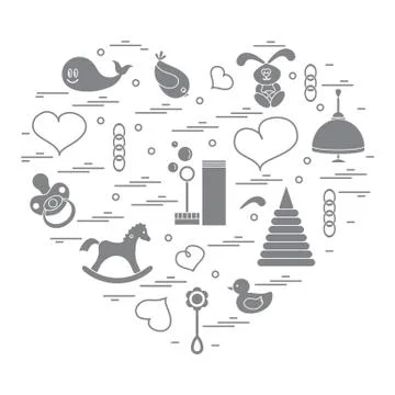 Vector illustration kids elements arranged in a heart: bird, whale, pacifier, Stock Illustration
