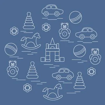 Vector illustration kids elements arranged in a circle: car, pyramid, roly-po 스톡 일러스트