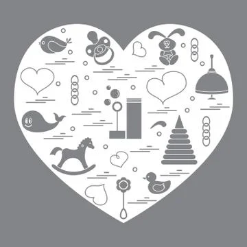 Vector illustration kids elements arranged in a heart: bird, whale, pacifier, Illustrazione stock