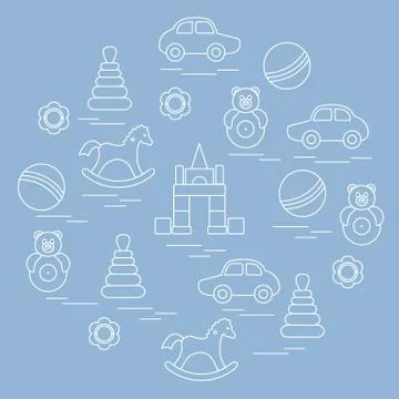 Vector illustration kids elements arranged in a circle: car, pyramid, roly-po Stock Illustration