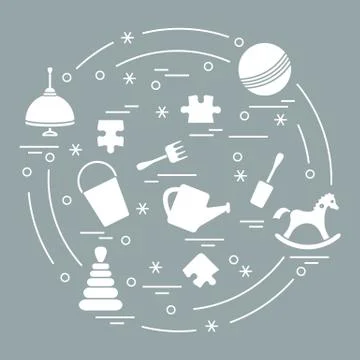 Vector illustration kids elements arranged in a circle: whirligig, ball, puzz Stock Illustration