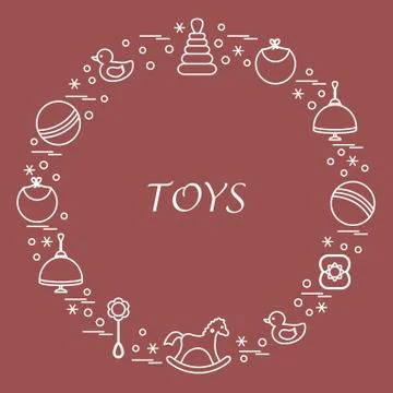 Vector illustration kids elements arranged in a circle: whirligig, ball, rock Illustrazione stock