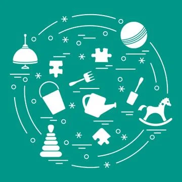 Vector illustration kids elements arranged in a circle: whirligig, ball, puzz Illustrazione stock