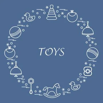 Vector illustration kids elements arranged in a circle: whirligig, ball, rock Illustrazione stock