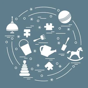 Vector illustration kids elements arranged in a circle: whirligig, ball, puzz Stock Illustration