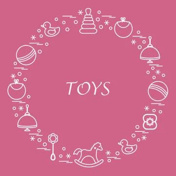 Vector illustration kids elements arranged in a circle: whirligig, ball, rock Illustrazione stock