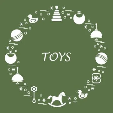 Vector illustration kids elements arranged in a circle: whirligig, ball, rock Stock Illustration