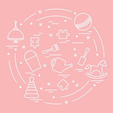 Vector illustration kids elements arranged in a circle: whirligig, ball, puzz Illustrazione stock