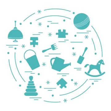 Vector illustration kids elements arranged in a circle: whirligig, ball, puzz Stock Illustration