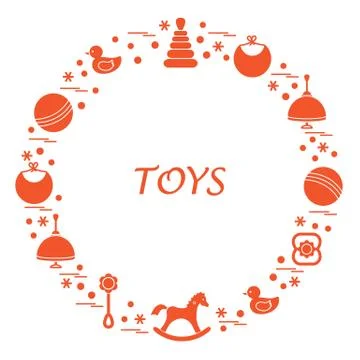 Vector illustration kids elements arranged in a circle: whirligig, ball, rock Stock Illustration