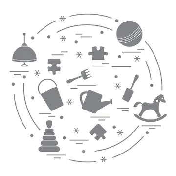 Vector illustration kids elements arranged in a circle: whirligig, ball, puzz Stock Illustration
