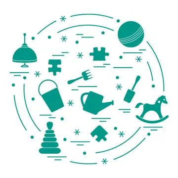 Vector illustration kids elements arranged in a circle: whirligig, ball, puzz Stock Illustration