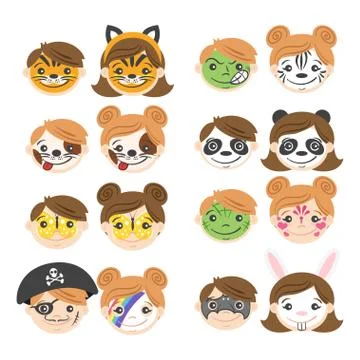 Vector illustration of kids faces. Face painting for kids. Stock Illustration