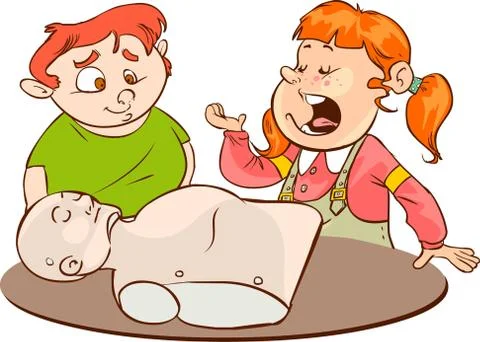 A vector illustration of kids practicing CPR on a mannequin with their instru Stock Illustration